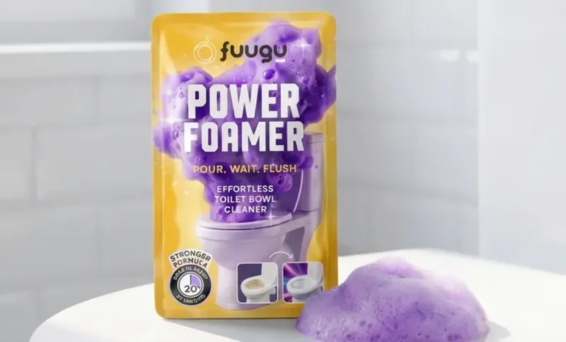 Fuugu Power Foamer pouch next to a mound of violet cleaning foam
